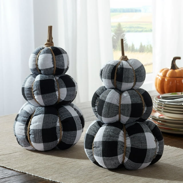 Way To Celebrate Harvest Plaid Stacked Fabric Pumpkins, Black, 2 Count
