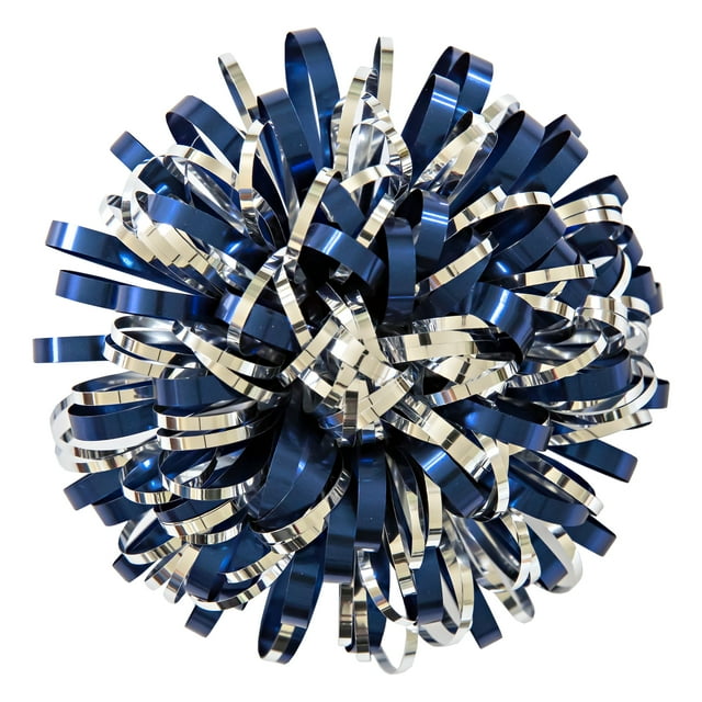 Way To Celebrate Shiny Metallic Pom Pom Gift Bow, Polypropylene, Blue, 4 in