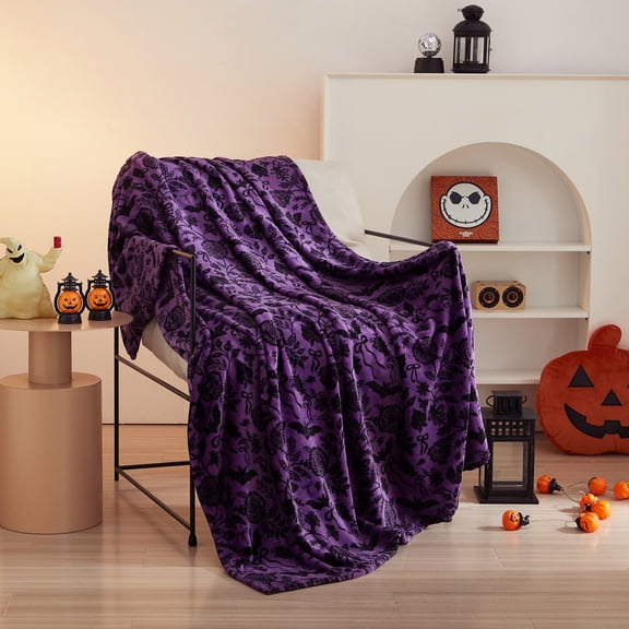 Way To Celebrate Spooky Floral Batty Bows Plush Couch Throw Blanket, Purple, 50 x 60 in