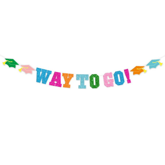 Way To Go Glitter Graduation Banner, Multicolor, Party Decoration with Grad Cap Accents