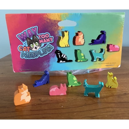 Way Too Many Cats: Meeples – 140 Wooden Cat Tokens for Board Games (7 Colors & Shapes)