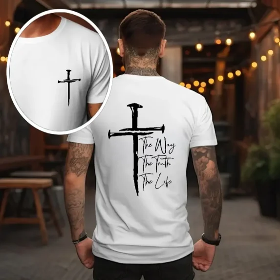 The Way, The Truth, The Life T-Shirt - Bold Cross Design with Inspirational Scripture, Relaxed Fit, Short Sleeve, Machine Washable - Menswear, Christian Apparelfect Gift Classic Cotton