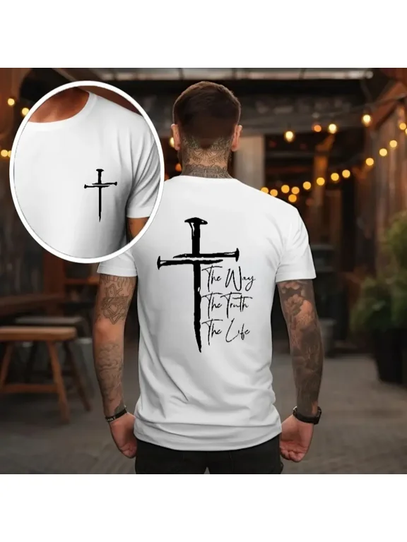 The Way, The Truth, The Life T-Shirt - Bold Cross Design with Inspirational Scripture, Relaxed Fit, Short Sleeve, Machine Washable - Menswear, Christian Apparelfect Gift Classic Cotton