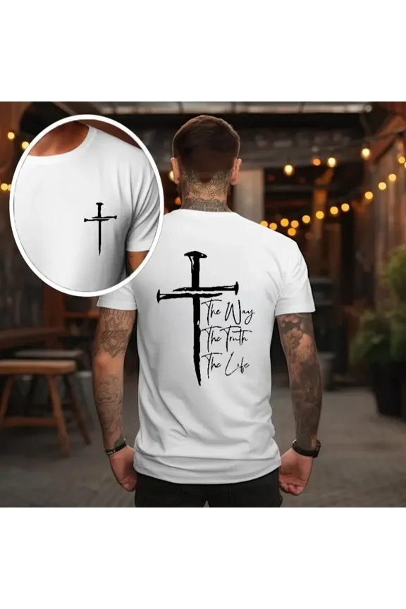 The Way, The Truth, The Life T-Shirt - Bold Cross Design with Inspirational Scripture, Relaxed Fit, Short Sleeve, Machine Washable - Menswear, Christian Apparelfect Gift Classic Cotton