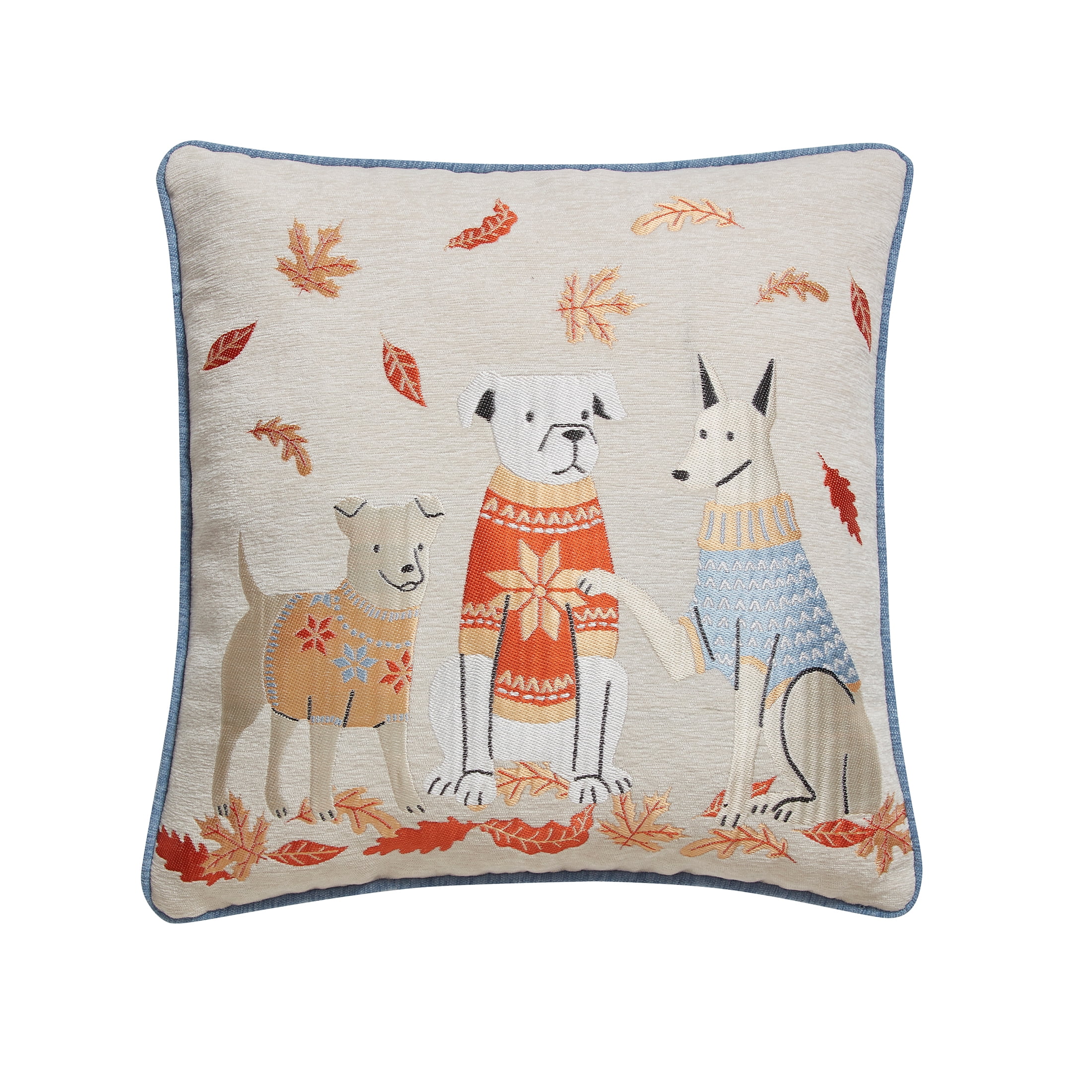 18" Beige and Multicolor Embroidered Dog Decorative Pillow