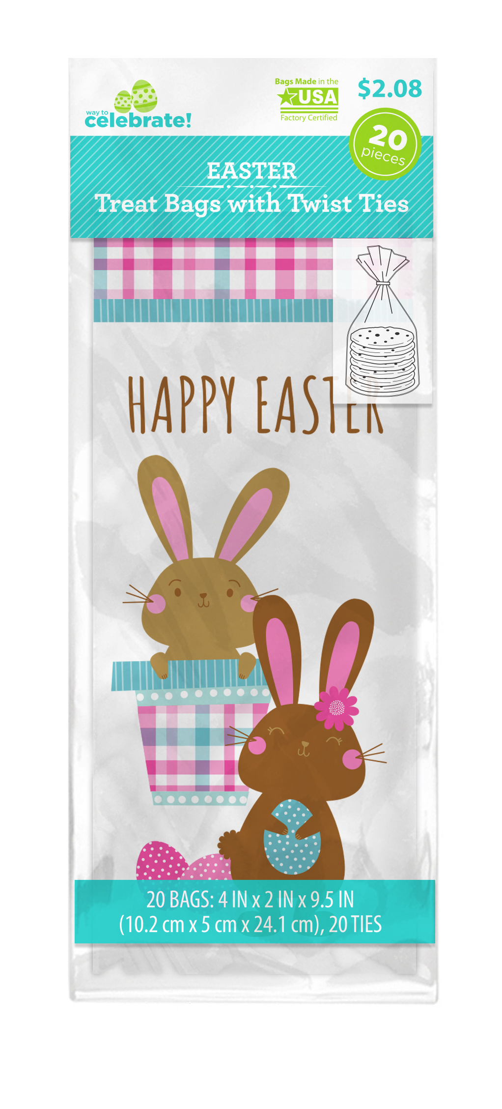Way to Celebrate 20ct Cello Easter Treat Bags 4"x9.5" with 20 White
