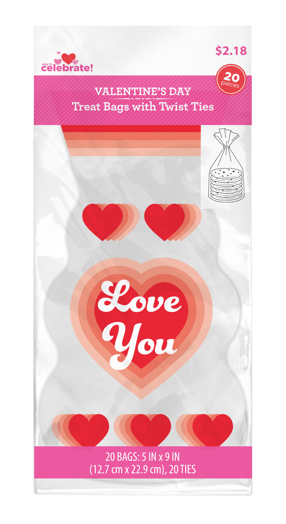 Way to Celebrate 20ct Shaped Cello Valentines Treat Bags 5"x9" with 20