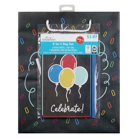 Way to Celebrate, 3 Piece Set, Gift Bag, Gift Tissue and Greeting Card, Chalkboard Balloons, All-Occasion, Paper