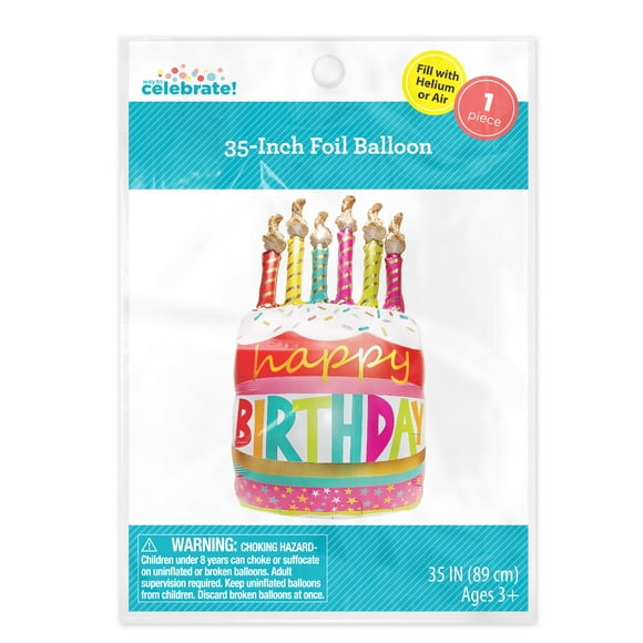 Way to Celebrate! 35" Birthday Party Cake with Candles Foil Balloon, Multicolor