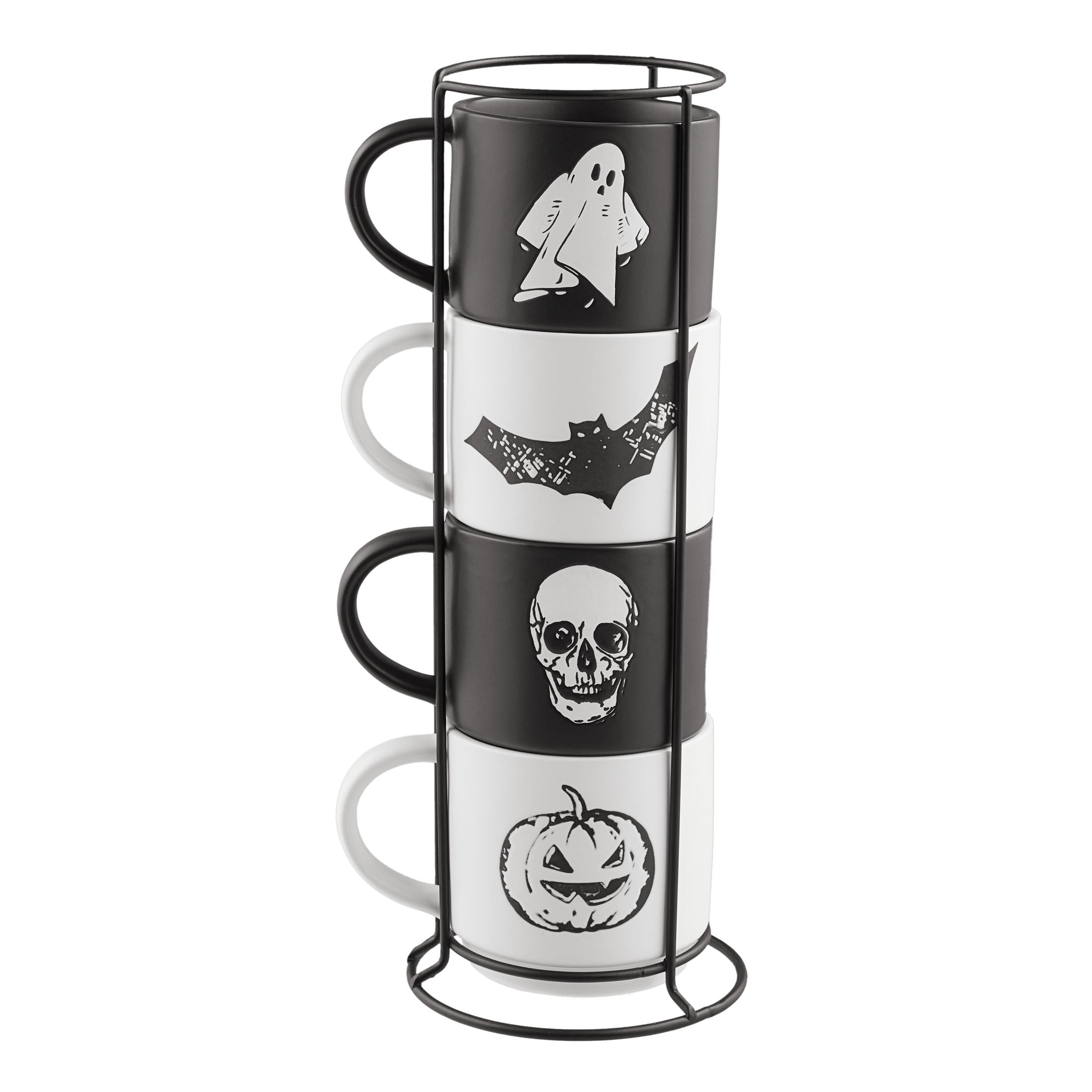 Way to Celebrate 4-Piece 12-Oz Black and White Halloween Icons Glazed  Ceramic Stacking Mug Set with Metal Rack