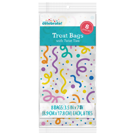 Way to Celebrate 8ct Cello Party Treat Bags 3.5"x7" with 8 Twist Ties- Multicolor Confetti Party