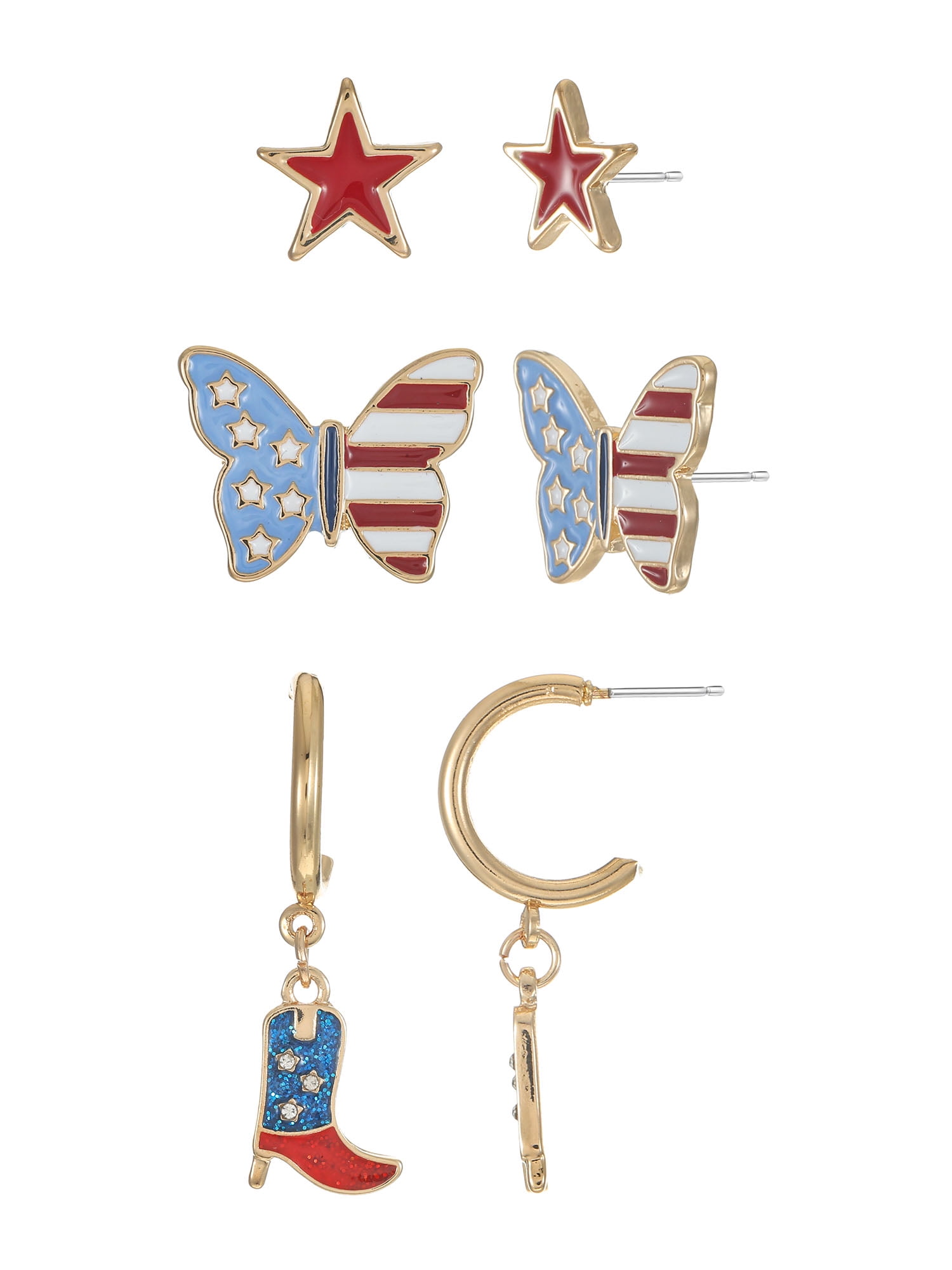 Way to Celebrate Americana Patriotic Star, Butterfly, and Boot Earring Trio