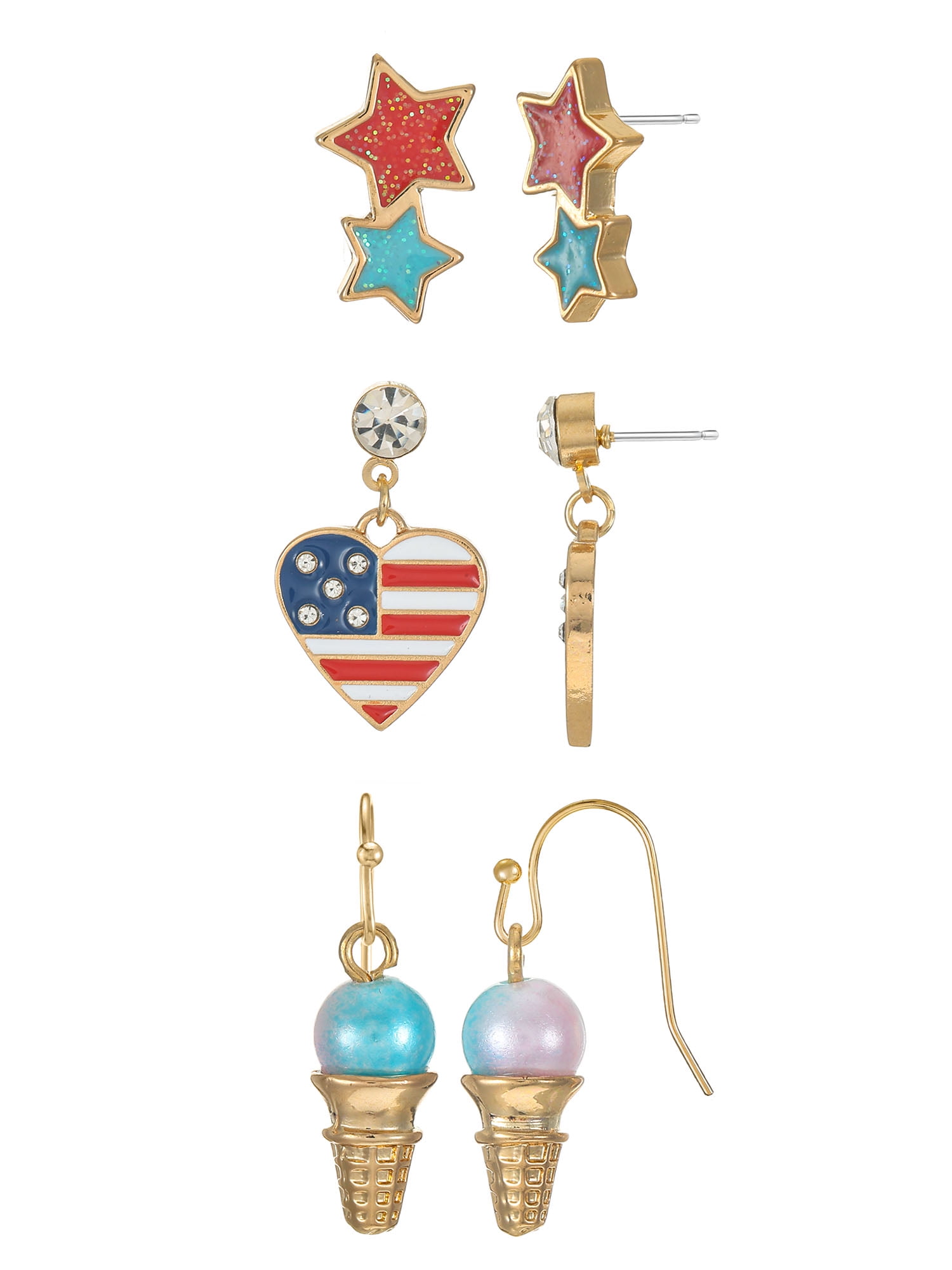 Way to Celebrate Americana Patriotic Star, Heart, and Ice Cream Earring Trio