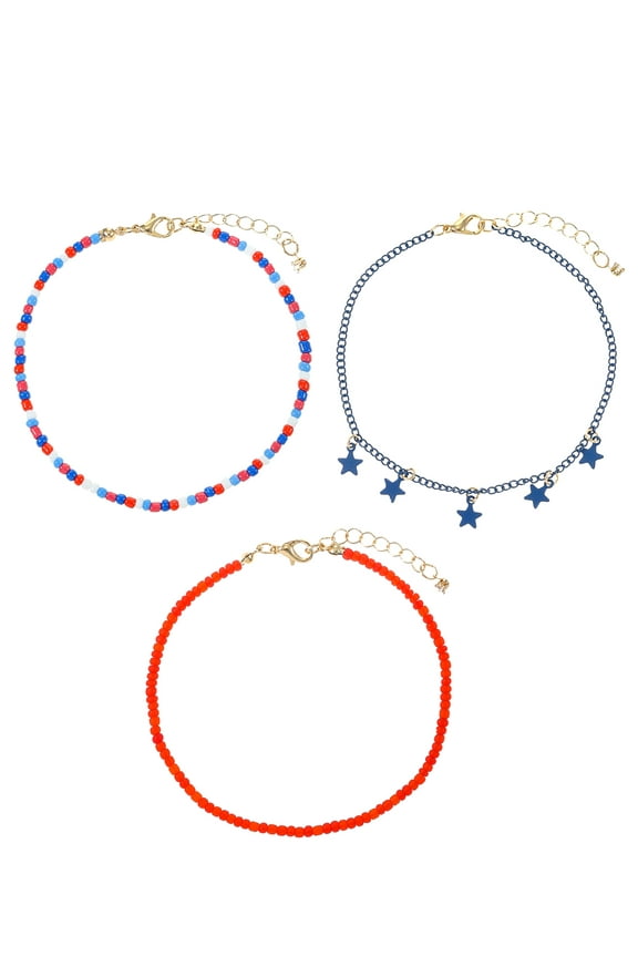 Americana Seed Bead Anklet Trio, 3 Pieces
