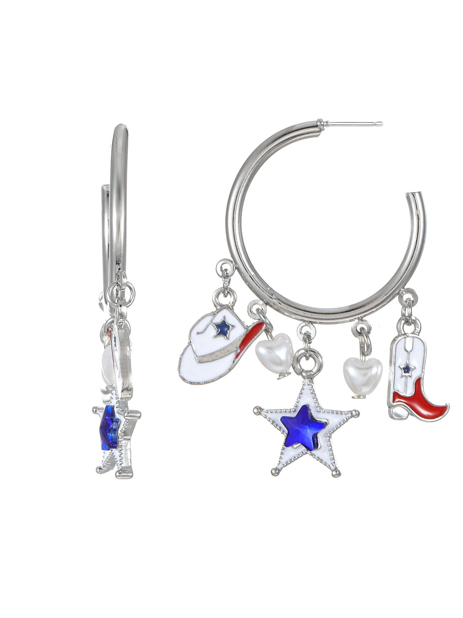 Americana Silver Western Charmy Hoop Earrings