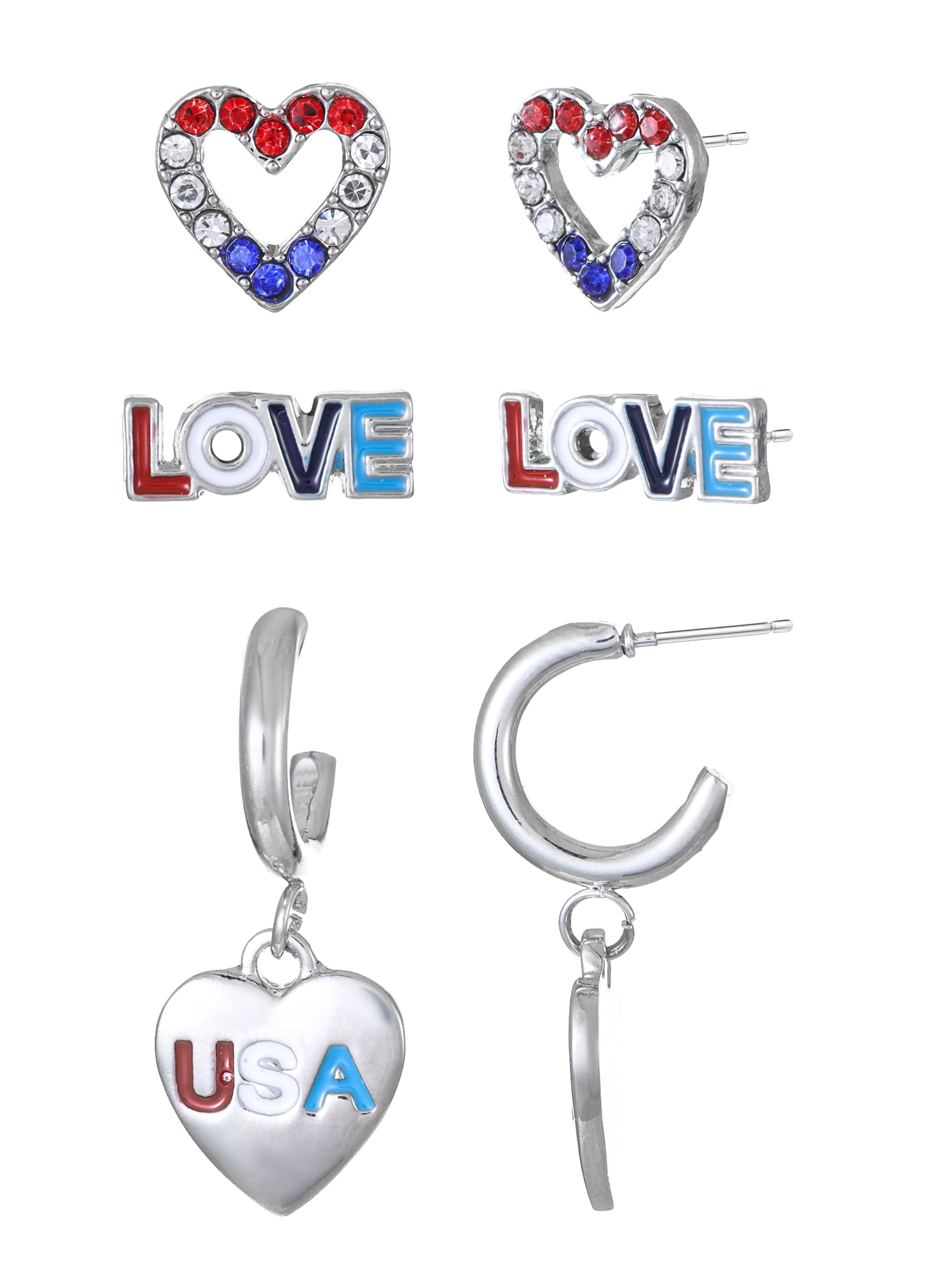 Way to Celebrate Americana Silvertone Hearts Earring Trio, 3 Pairs