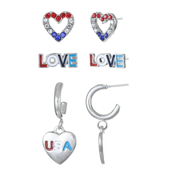 Way to Celebrate Americana Silvertone Hearts Earring Trio, 3 Pairs