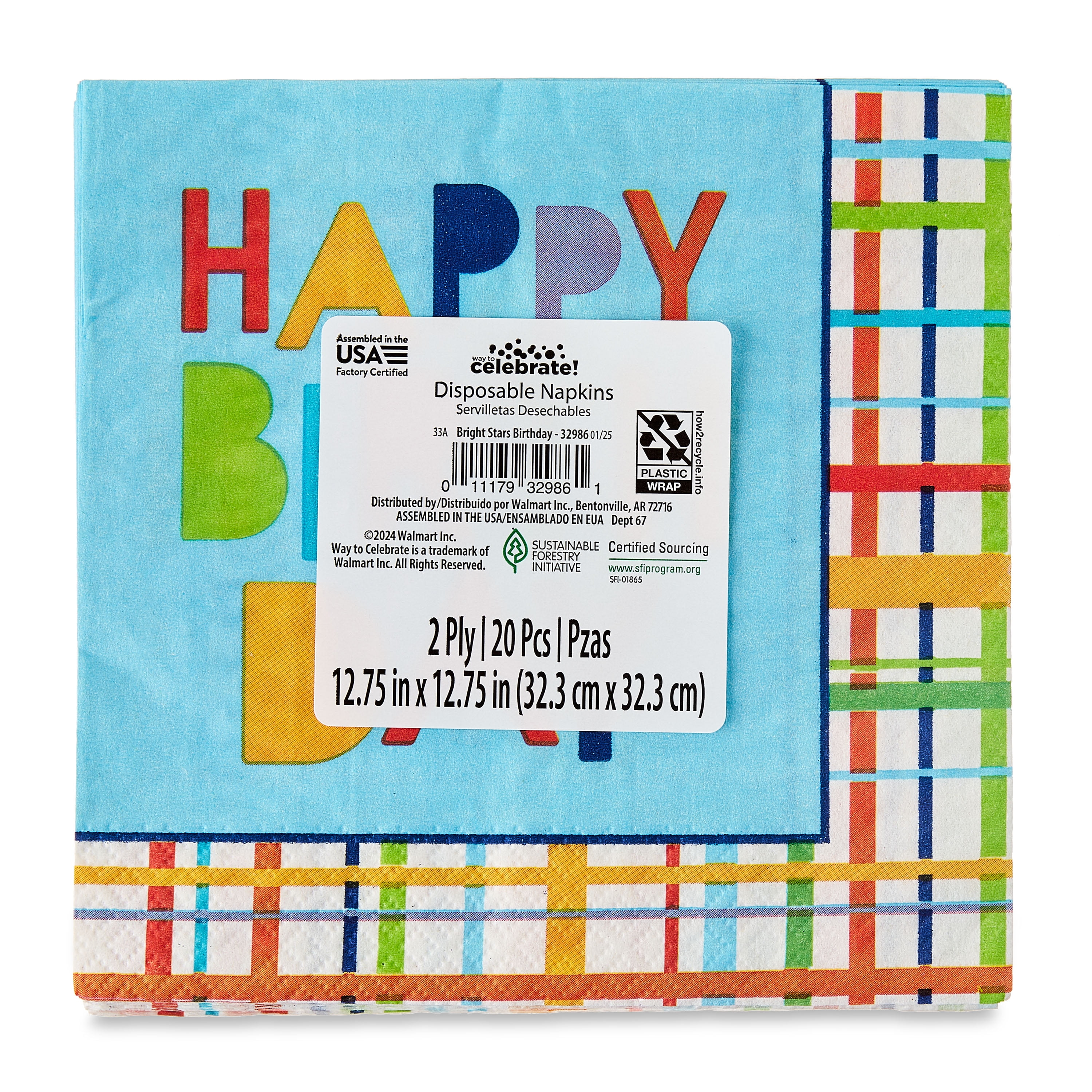 12.75" x 12.75" Disposable Multicolor Happy Birthday Paper Napkins, 20 Count, by Way To Celebrate