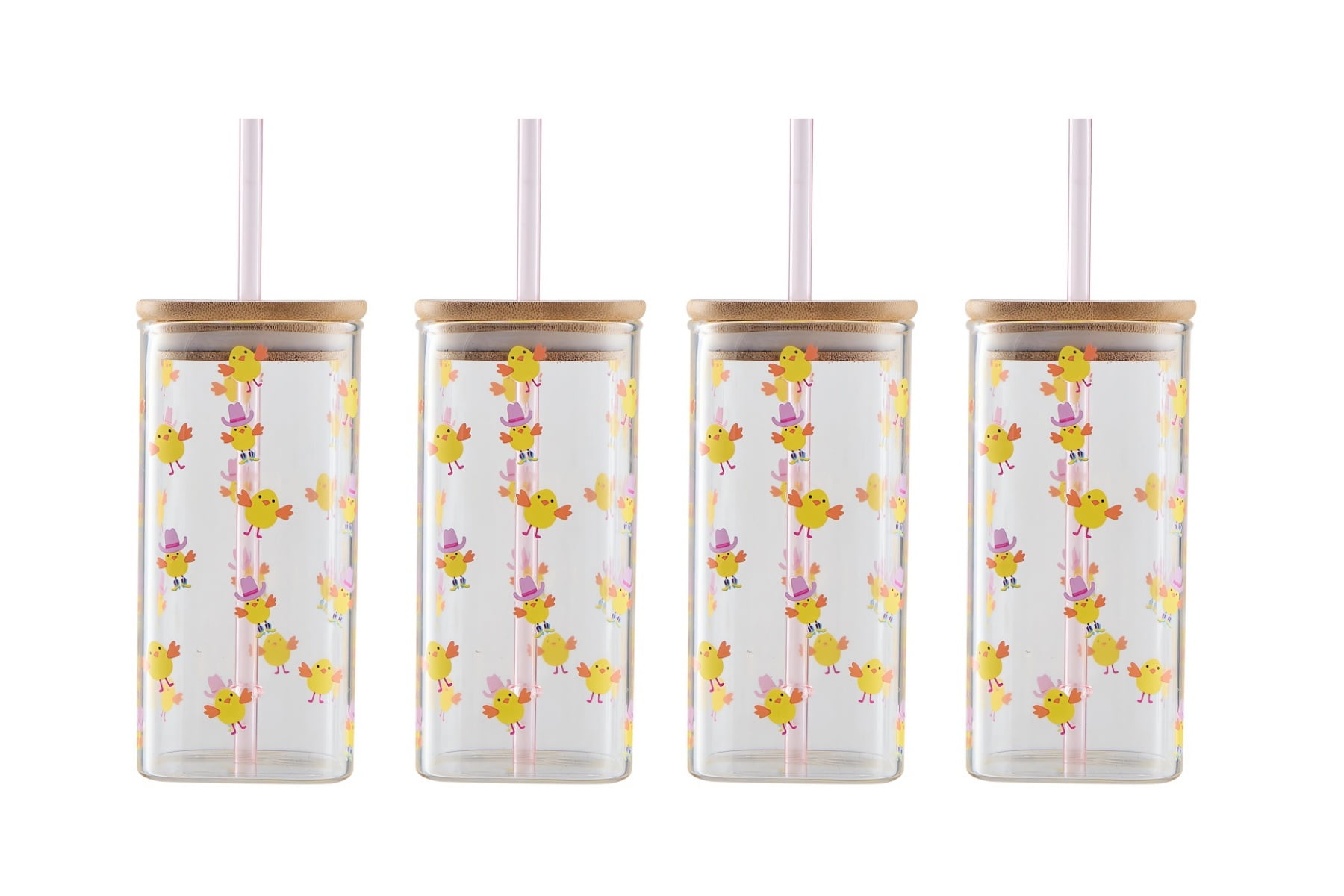 Way to Celebrate Country Chick Square Can Glass with Bamboo Lid and Plastic Straw, 4pack