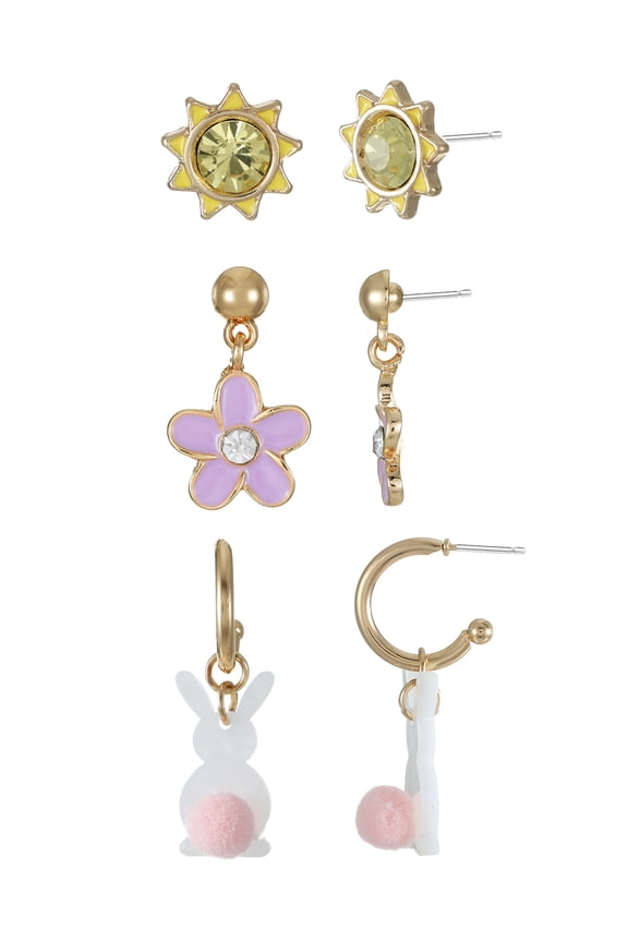 Easter Bunny and Flower Earring Set, 3 Pairs
