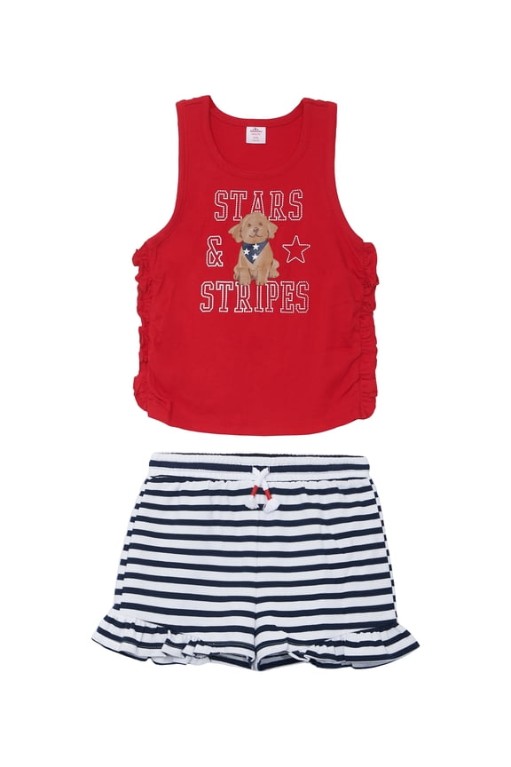Girls Patriotic Americana Cinched Tank and Flutter Short Set, 2-Piece, Sizes 4-18