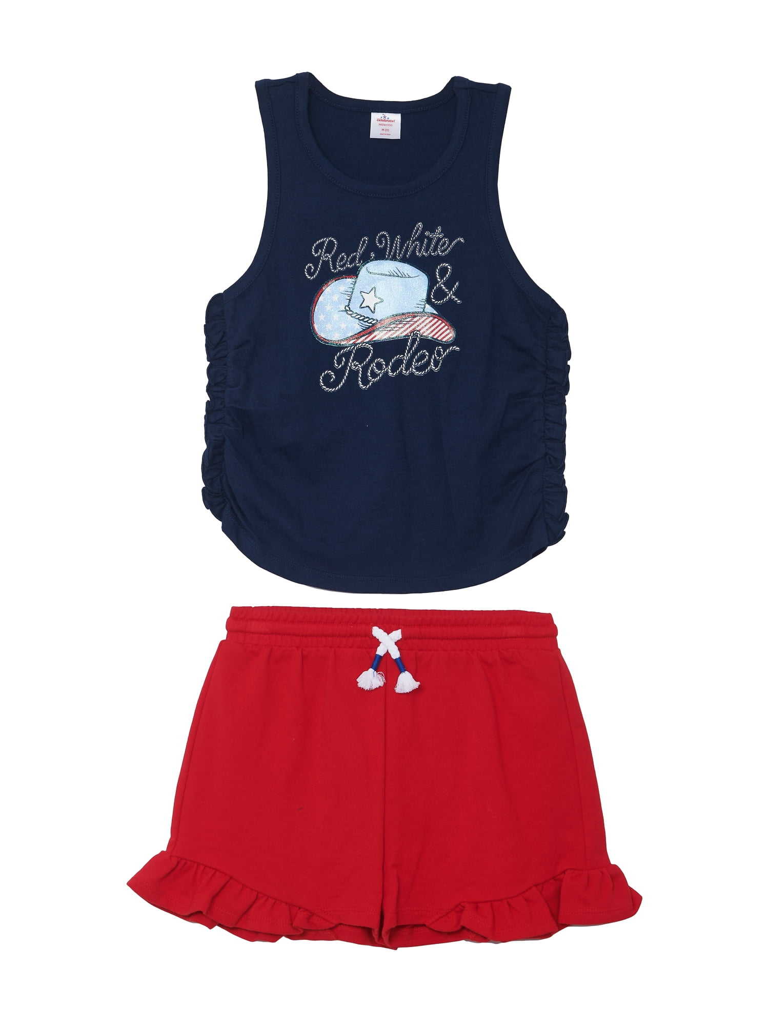 Way to Celebrate Girls Patriotic Americana Cinched Tank and Flutter Short Set, 2-Piece, Sizes 4-18