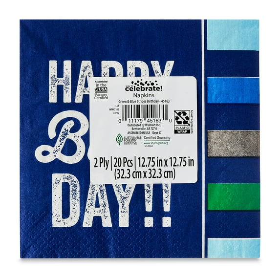 6.5" x 6.5" Disposable Multicolor Happy Birthday Paper Napkins, 20 Count, by Way To Celebrate