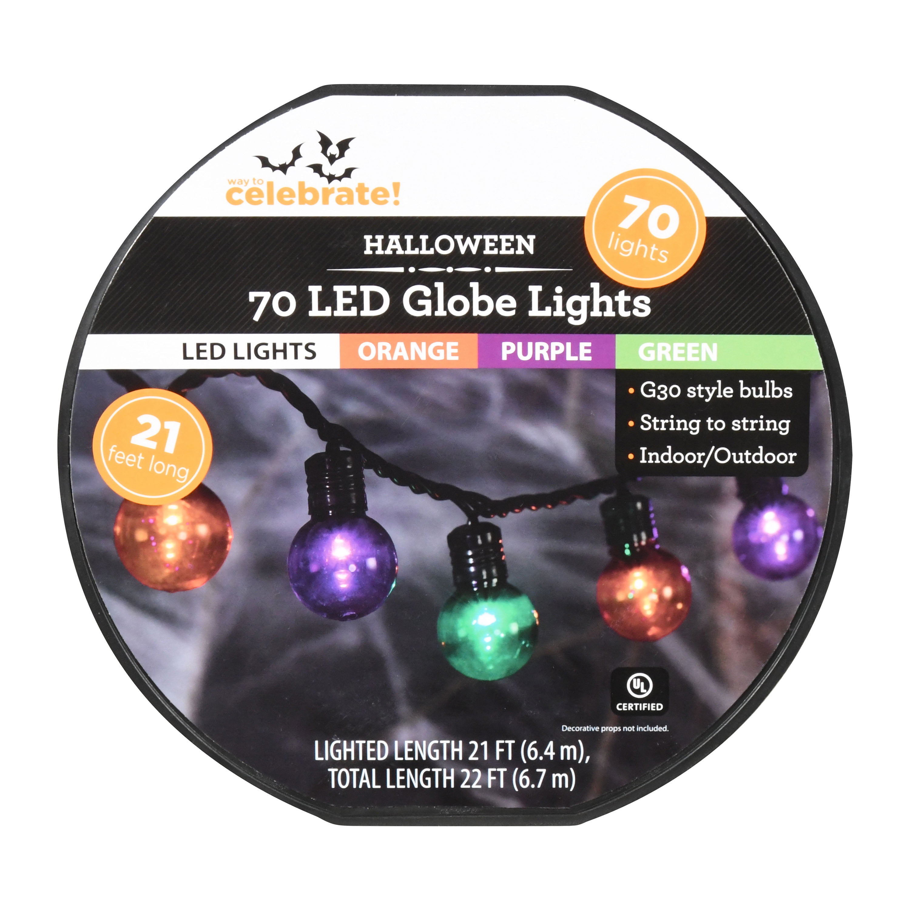 Way to Celebrate Halloween 70-Count Indoor Outdoor Multi-Color LED G30  Globe Lights, with AC Adaptor, 120 Volts