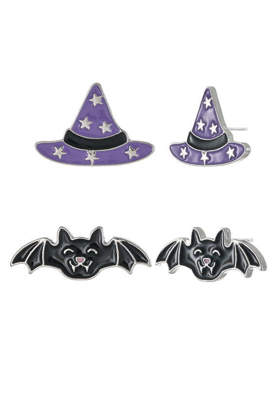 Bat & Witch Hat Halloween Stud Earrings, 2 Pairs