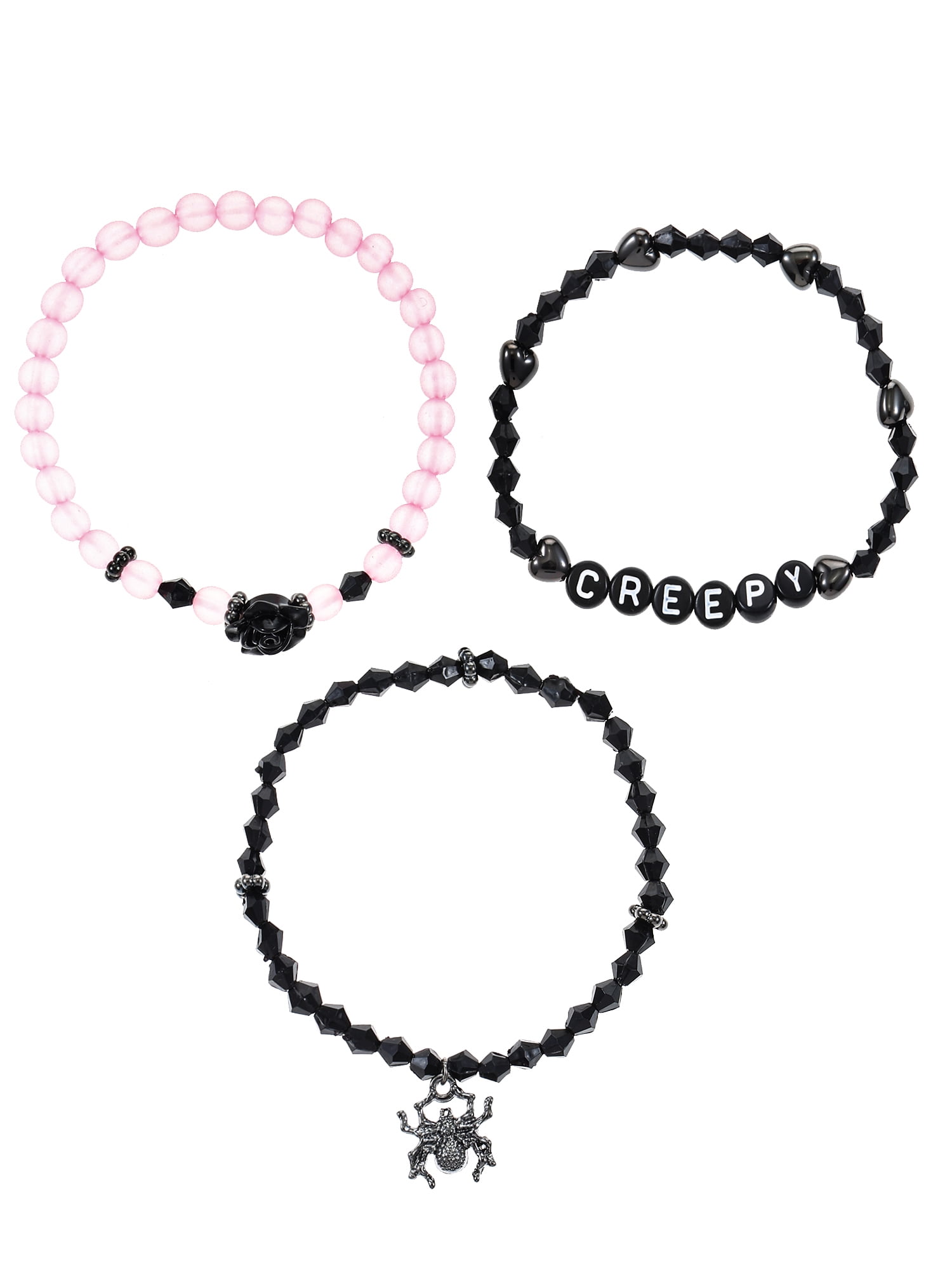 Way to Celebrate Halloween Beaded Stretch Bracelet Set, 3 Pieces, Pink and Black