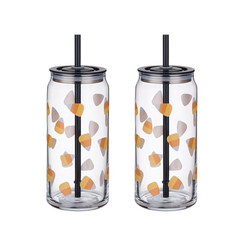 Way to Celebrate Halloween Candy Corn Glass Can Sipper Tumblers, 20 oz, 2-Pack