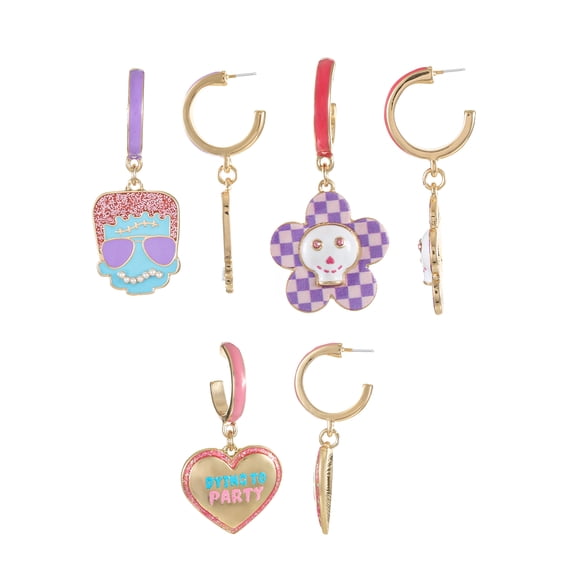 Way to Celebrate Halloween Cute Mini Hoop Earring Trio, Heart, Flower and Monster Face, Pink, 3 Pairs