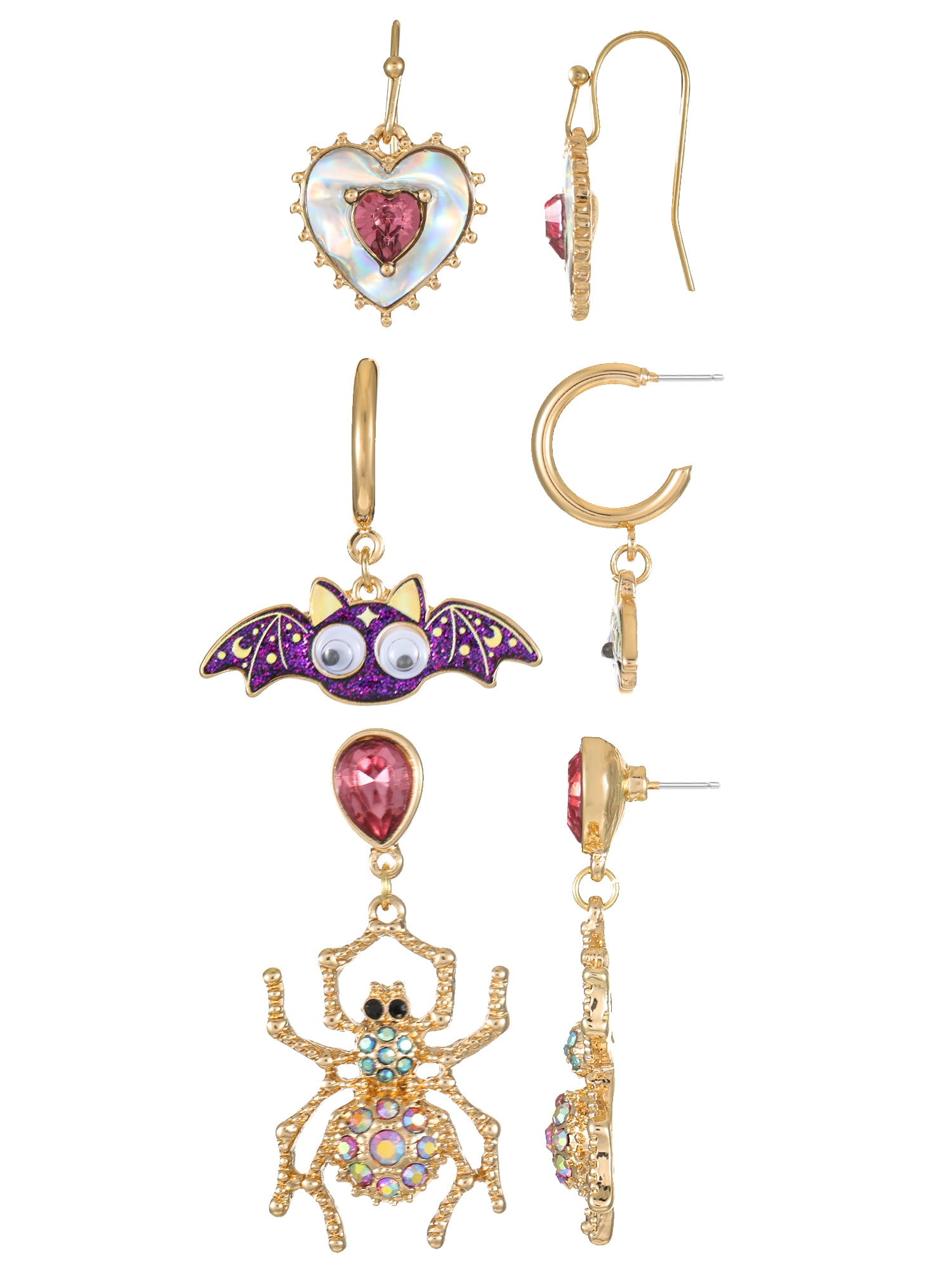 Way to Celebrate Halloween Cute Mini Hoop Earring Trio, Spider, Bat, Heart, 3 Pairs