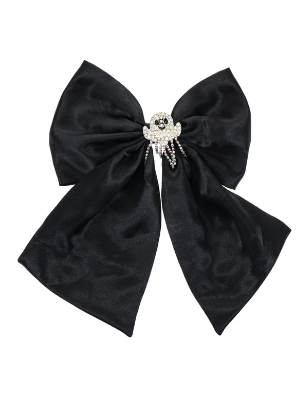 Halloween Embellished Ghost Charm Hair Bow, Black, 1 Piece, Barrette Hair Clip