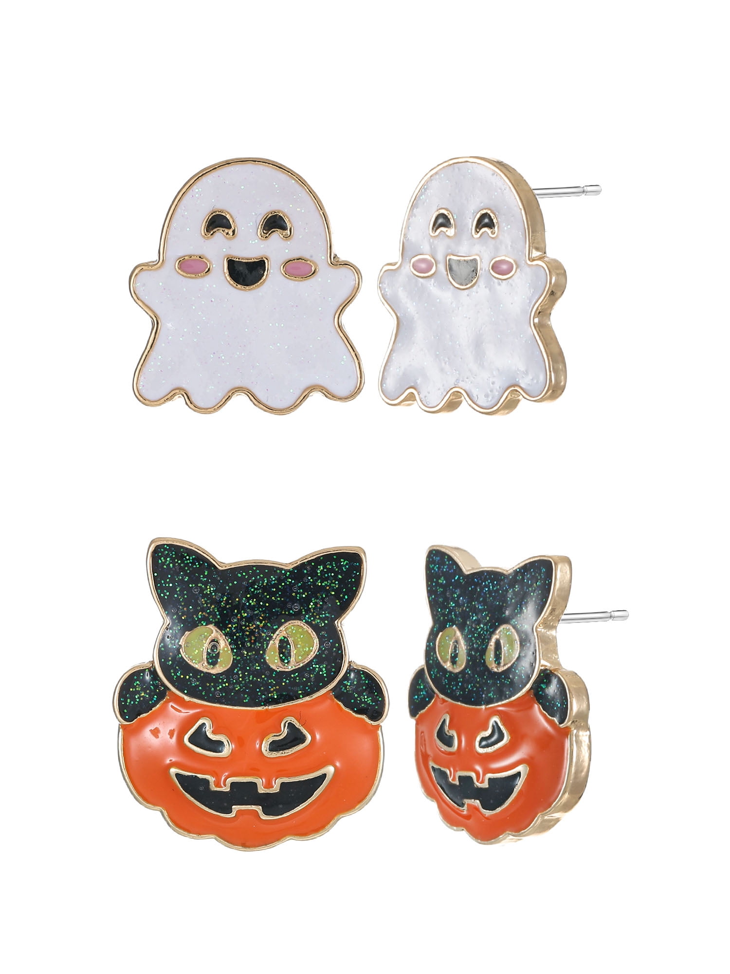 Way to Celebrate Ghost & Kitten Halloween Stud Earrings, 2 Pairs