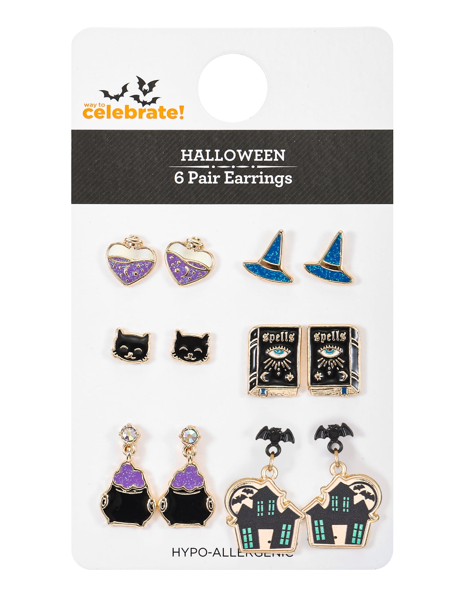Way to Celebrate Halloween Motif Earrings, Multicolored, Goldtone, 6 Pairs, Female