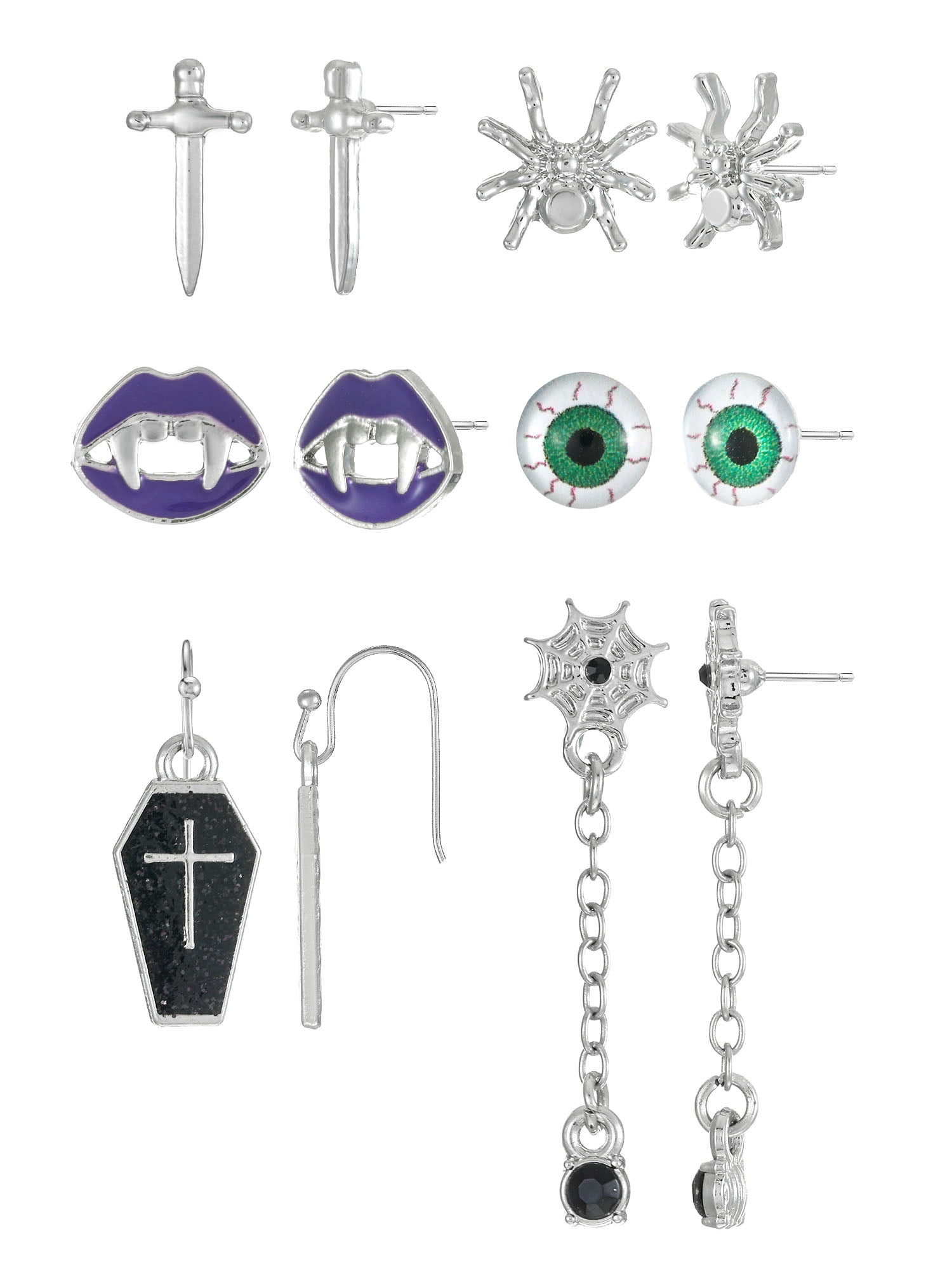 Way to Celebrate Haunted Icons Halloween Silver Earring Set, 6 Pairs