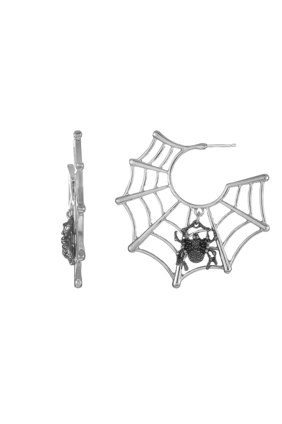 Spiderweb Halloween Silver Hoop Earrings, 1 Pair