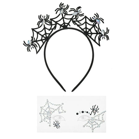 Way to Celebrate Halloween Spooky Spiders Headband Set with Temporary Tattoo Face Gems, 2 Pieces