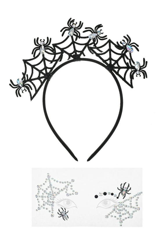 Halloween Spooky Spiders Headband Set with Temporary Tattoo Face Gems, 2 Pieces