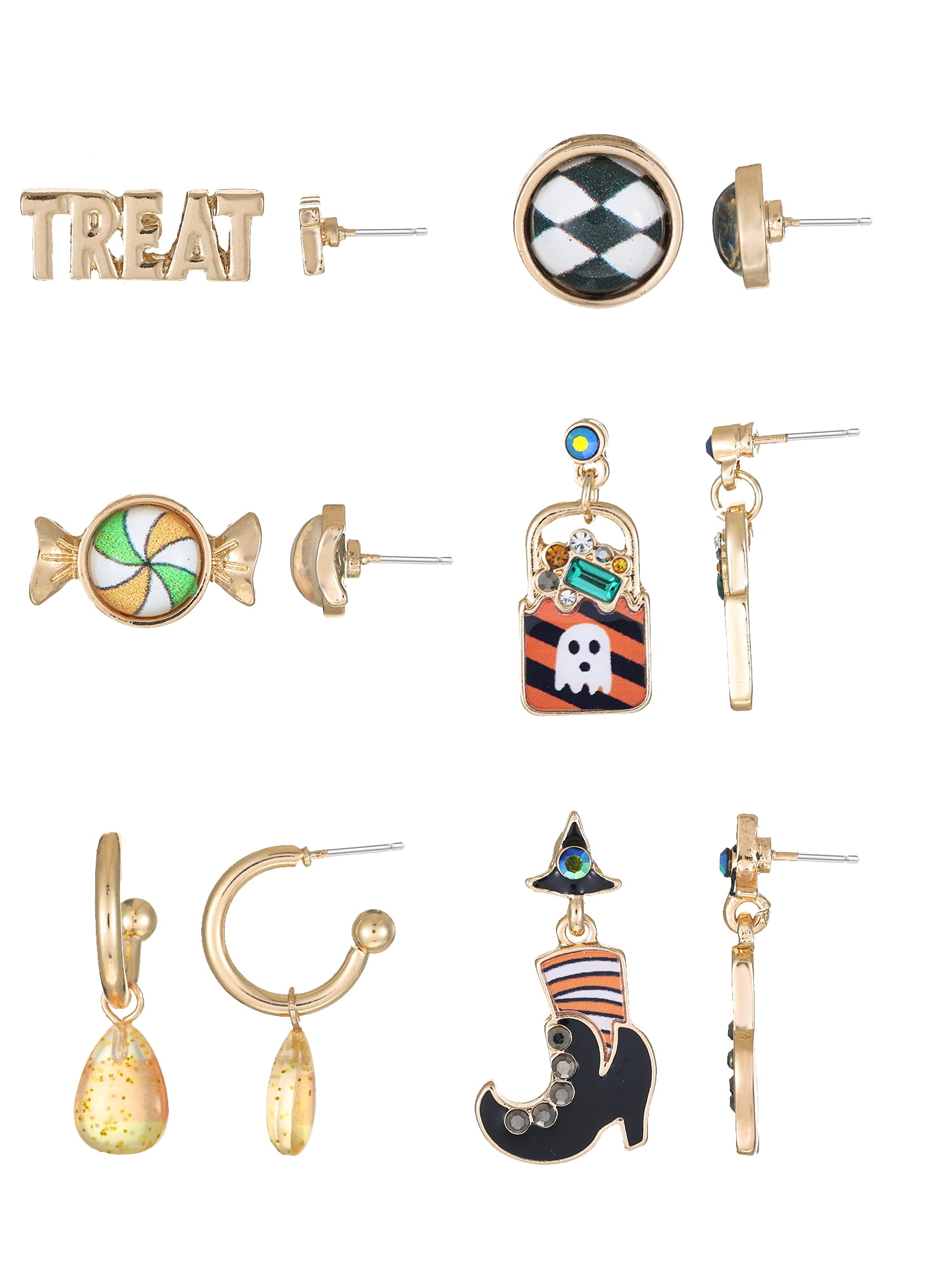 Way to Celebrate Halloween Trick or Treat Candy Motif Earrings, Goldtone, 6 Pairs, Female