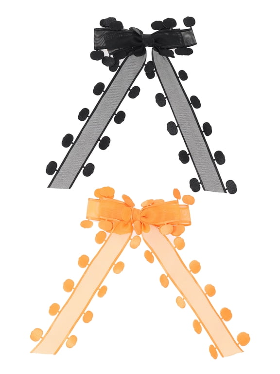 Halloween Women's Pumpkin Ribbon Bow Hair Clip Set, Black and Orange, 2 Pieces, Alligator Clip