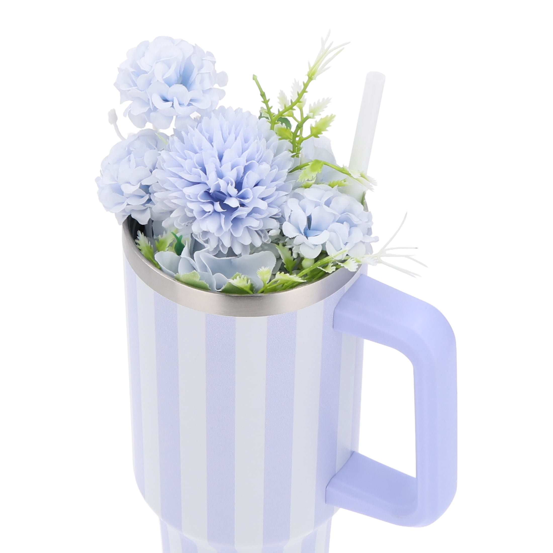 Striped Tumbler with Straw and Artificial Flower Gift Set, Blue, 40 oz, Mother's Day by Way To Celebrate