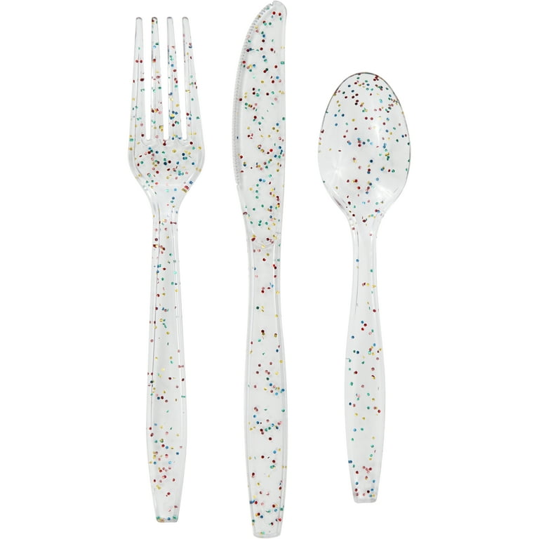 Way to Celebrate Multicolor Rainbow Glitter Plastic Disposable Cutlery Set  24 Ct. All Occasion