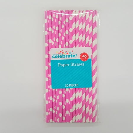 Way to Celebrate! Neon Pink Polka Dot & Striped Paper Straws, 30ct