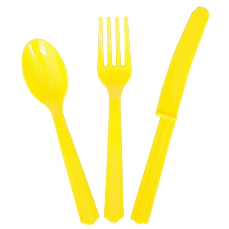Disposable Plastic Cutlery Set, Neon Yellow, 24 Pieces, by Way To Celebrate