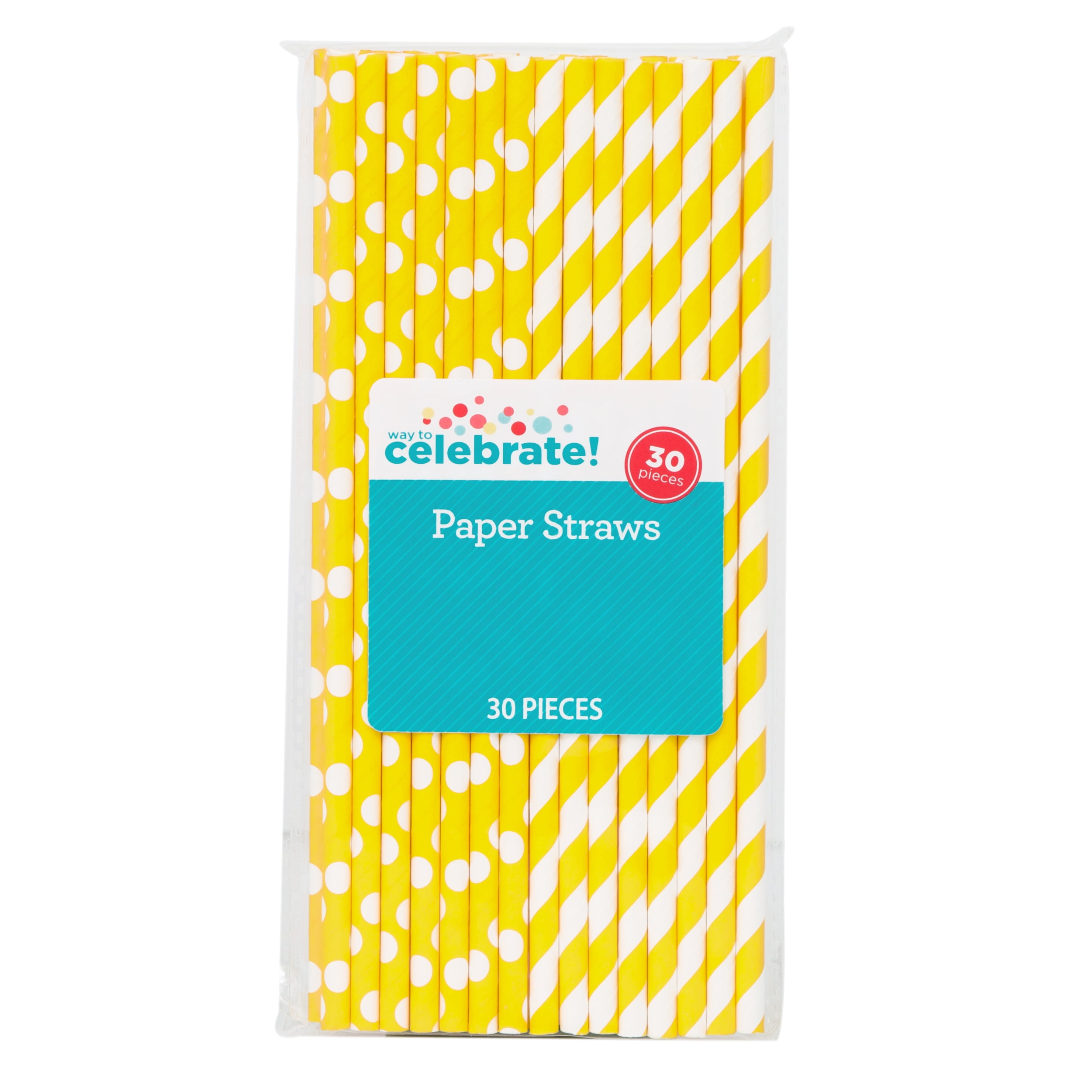 Way to Celebrate! Neon Yellow Polka Dot & Striped Paper Straws, 30ct
