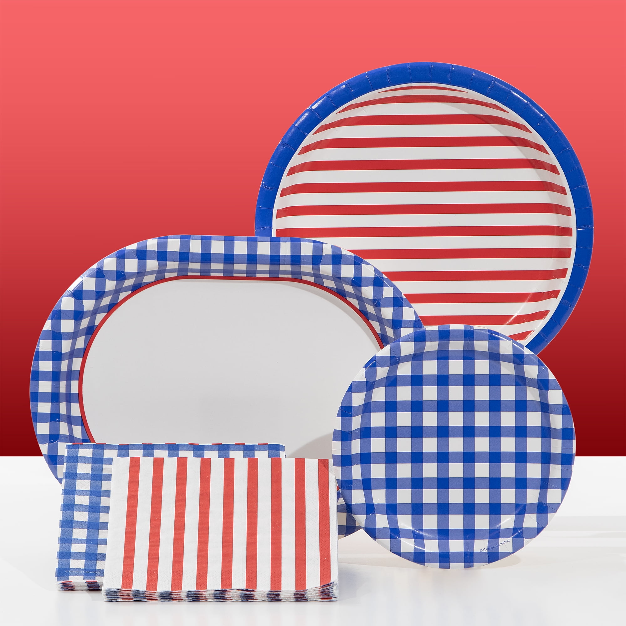 4th of July, Patriotic Gingham Striped Disposable Paper Plates, 10 in, Red/White/Blue, 8 Count, by Way To Celebrate