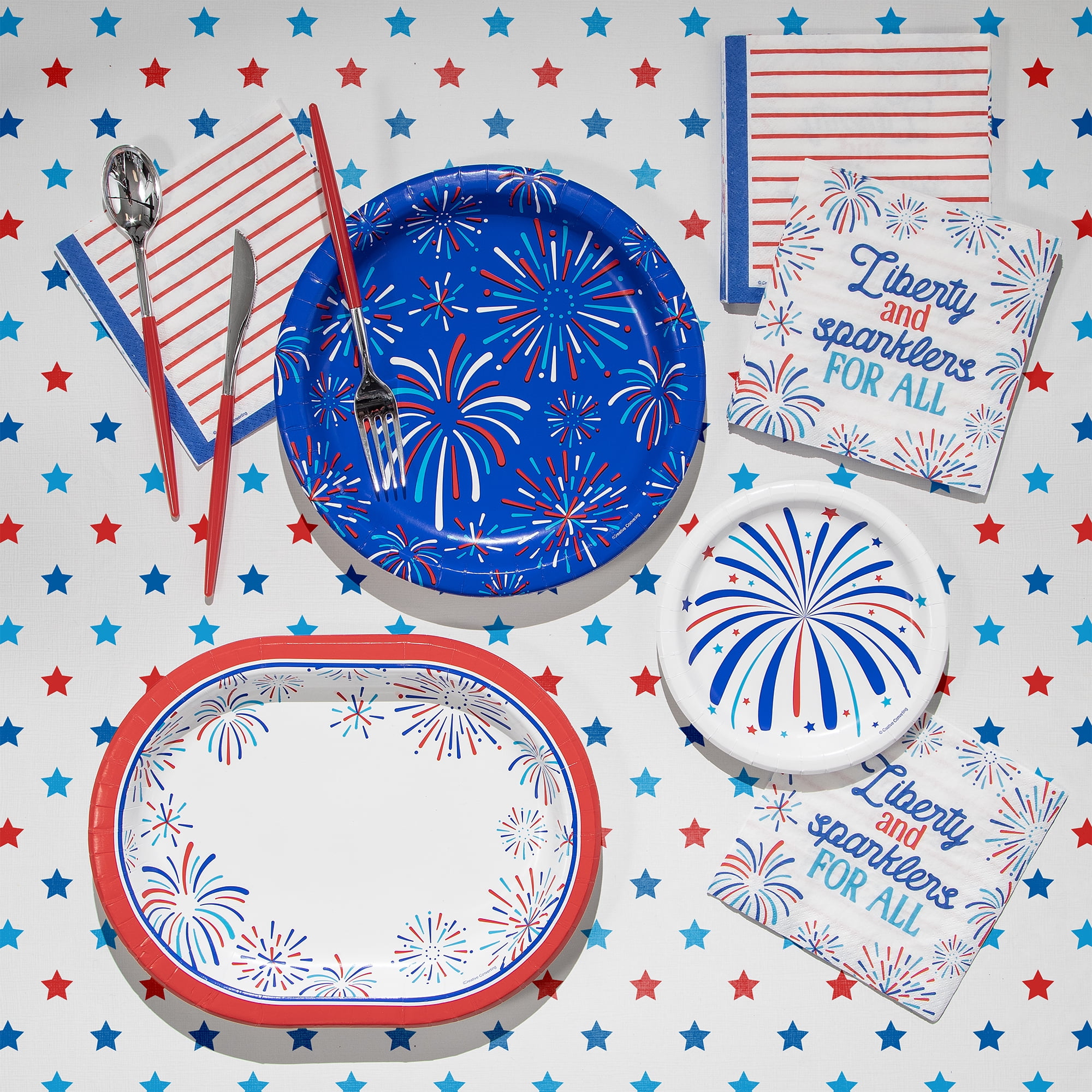 4th of July, Patriotic Fireworks Oval Disposable Paper Plates, 10" x 12", Red/White/Blue, 8 Count, by Way To Celebrate