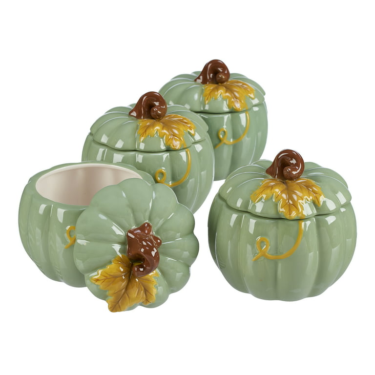 Set of 6, Spanish Green Recycled Glass Pumpkin Shape Spice Jar